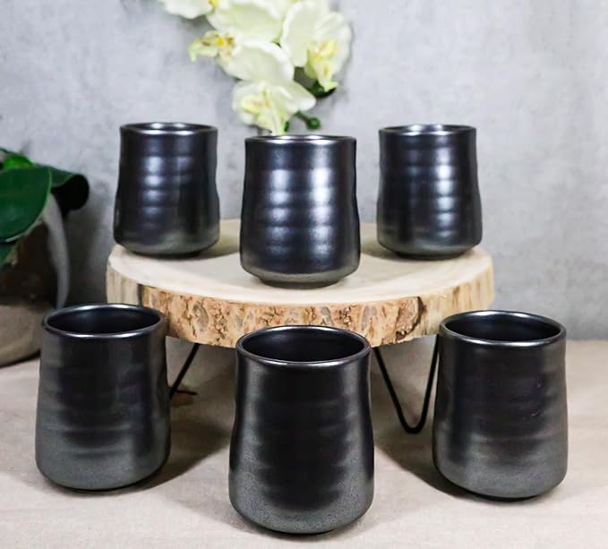 Ebros Gift Iron Black Clay Underglaze Technique Tetsu Kesho Porcelain Dinnerware Kitchen Set Asian Japanese Restaurant Supply (Pack Of 6 Reactive Glaze Tea Cups 9oz)