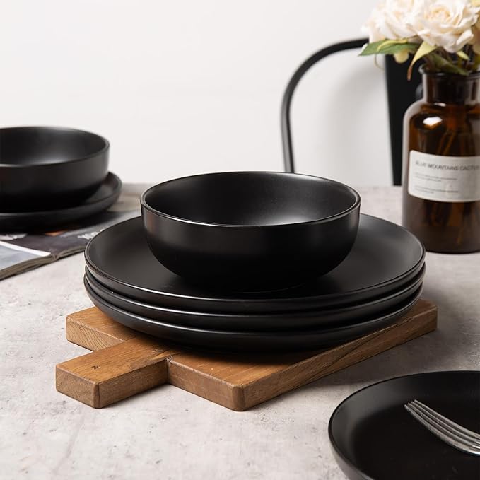 12-Piece Stoneware Dinnerware Set with Mugs | Microwave and Dishwasher Friendly | Stackable Matte Glaze Plates &amp Bowls | Service for 3 (Black for 3)