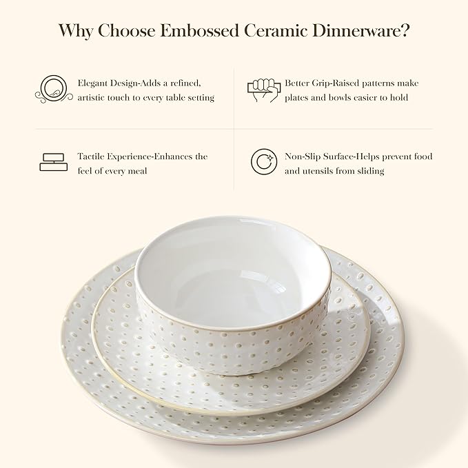 MALACASA 16 Pieces Dinnerware Sets Modern Relief Design Plates and Bowls Sets White Dish Set for 4 Kitchen Ceramic Dinner Plates Dishware Set Microwave and Dishwasher Safe Series LYDIA