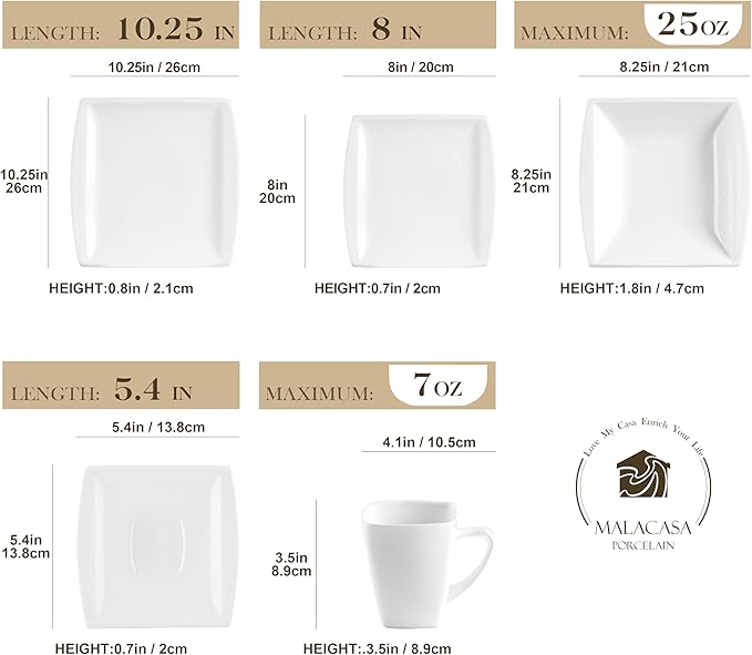 MALACASA Plates and Bowls Sets Square Dinnerware Sets for 6 (30pcs) Series Blance