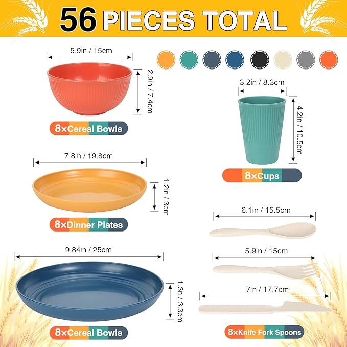 LAERJIN 56 Piece Wheat Straw Dinnerware SetsUnbreakable Reusable Dinnerware SetDishwasher &amp Microwave Safe Plates and Bowls Sets for Apartment Essentials Outdoor Camping Colourful