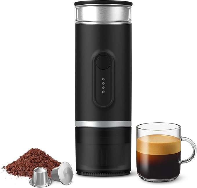 Portable Electric Espresso Machine Self-Heating Travel Coffee Maker with USB-C Compatible with Ground Coffee &amp NS Capsules Ideal for Camping Car RV Hiking &amp Office (Black)