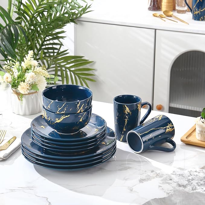 Modern Porcelain 16 Piece Blue Dinnerware SetPlates and Bowls SetsGold Dish Set for 4Blue Dinnerware SetDinner Sets with Dinner Plates.