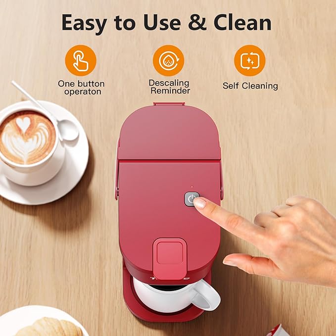 Single Serve One Cup Coffee Maker for K Cups and Grounds Mini Coffee Maker with Portable Handle 6 to 12 Oz Brew Size for Travel Camping Office RV and Dorm 120V Vintage Red