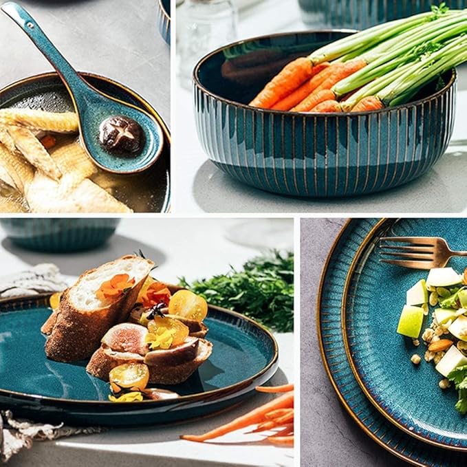 Blue Dinnerware Sets Plates and Bowls Sets Stoneware Dish Set Round Reactive Glaze Stoneware Dinnerware Set (24 Pieces)