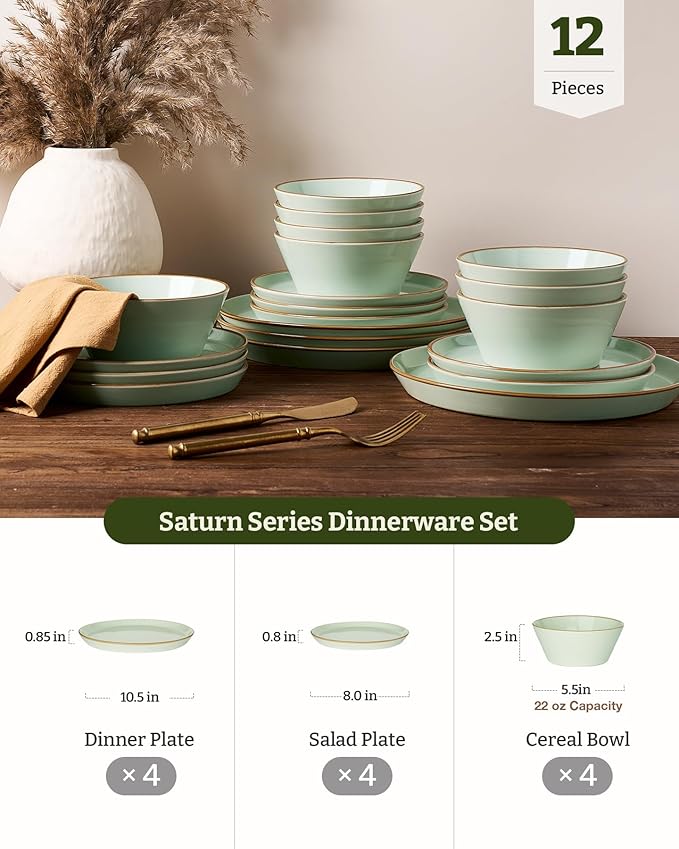 Famiware Saturn Dinnerware Sets Plates and Bowls Sets for 4 12 Pieces Stoneware Dish Set - Chip and Scratch Resistant Microwave and Dishwasher Safe Tableware Set Light Green with Rim