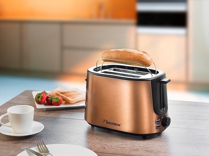 Bestron ATS1000CO Toaster with 2 sleds crumb tray and roll top 1000W color: copper