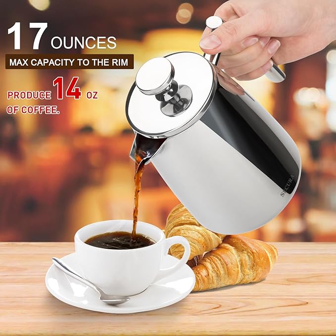 Secura French Press Coffee Maker 17-Ounce 304 Stainless Steel Insulated Coffee Press with Extra Screen