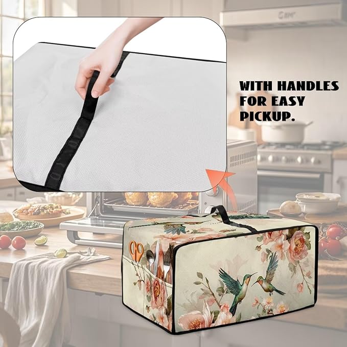 Toaster Oven Cover Heavy Duty Heat-resistant Protective Case Faux Linen Polyester Protector with Handle &amp Pockets for Home Kitchens Hummingbird Cherry Blossom