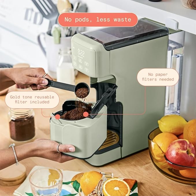 Perfect Grind Single Serve Coffee Maker built-in grinder 6 sizes 3 strengths pod-free reusable filter 64oz reservoir touch display hot &amp iced brew. (Sage Green)