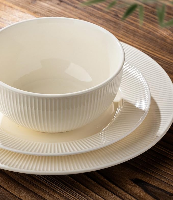 TheTerra Stoneware Dinnerware Sets for 4 12 Pieces Ceramic Plates and Bowls Sets Scratch Resistant Embossed Dish Set Oven Microwave &amp Dishwasher Safe Beige