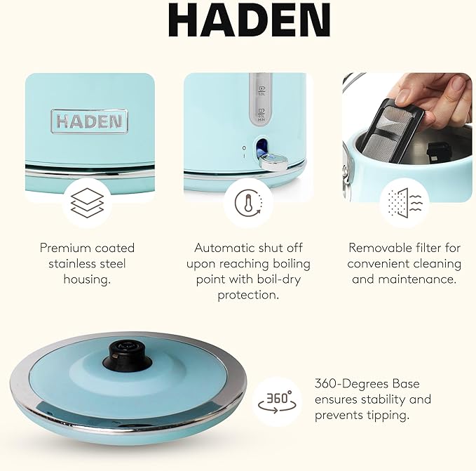 HADEN Coffee Machine 12 Cup Drip Coffee Maker Bundled with Heritage 1.7 Liter Stainless Steel Electric Kettle Turquoise &amp Chrome