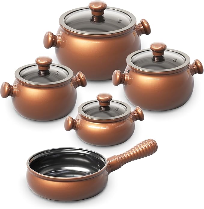 100% Ceramic Non Toxic Healthy Longlasting Lightweight Cookware Set - Oven Safe Up to 1200F Dishwasher Safe - PFAS PTFE PFOA PFOS - Shiny Caramel