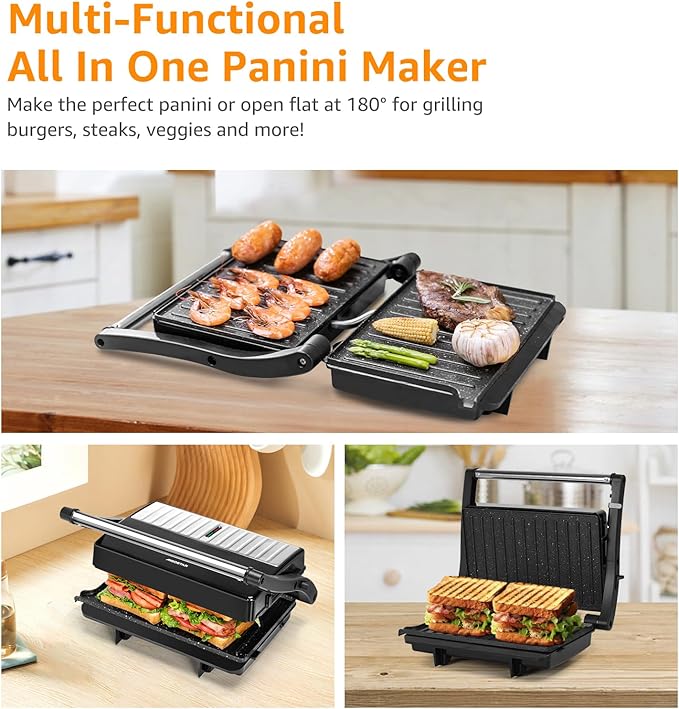 Aigostar Toaster 2 Slice Retro Toaster Stainless Steel and Panini Press Grill Aigostar 1000W Sandwich Maker with Ceramic Non-stick Plates Opens 180 Degrees for Any Size Food