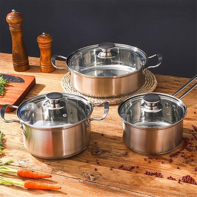 Saucepan Set Stainless Steel Cookware Set with Toughened Glass Lids Suitable for All Stove Types Induction Cooker 3 Pieces Pot &amp Pan Sets