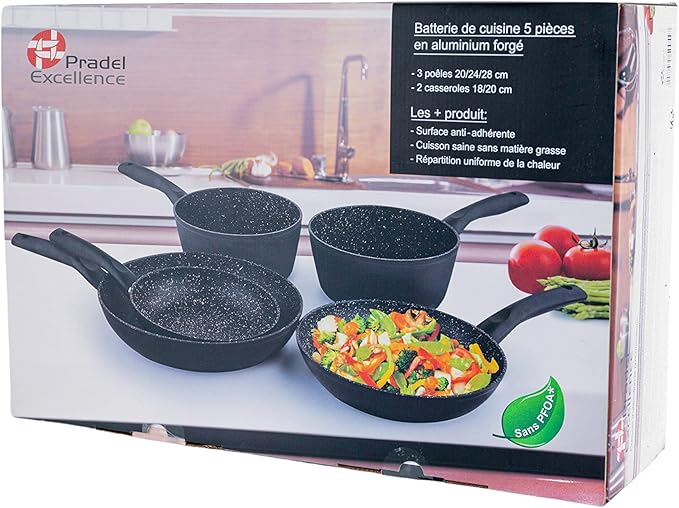 Set of 3 Frying Pans 20 24 28 mm + 2 Saucepans 18.3 cm Stone Style Exterior Black