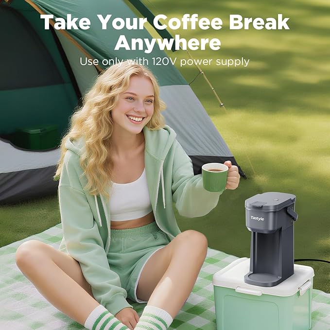 Single Serve One Cup Coffee Maker for K Cups and Grounds Mini Coffee Maker with Portable Handle 6 to 12 Oz Brew Size for Travel Camping Office RV and Dorm 120V Cool Gray