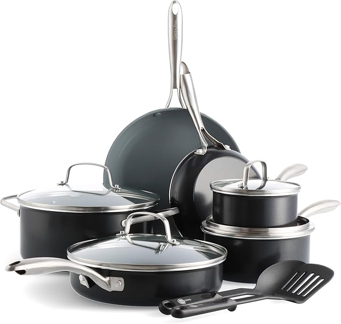 GreenPan Swift Healthy Ceramic Nonstick 12 Piece Cookware Set with 12 Frying Pan and Skillet