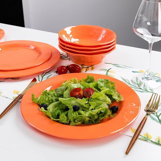 LEHAHA Orange Melamine Dinnerware Set 12 Piece Kitchen Tableware Plates Bowls Dishes Set Lightweight Unbreakable Dinnerware Set for 4 Dishwasher Safe and BPA free