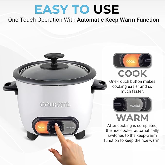 Courant Rice Cooker 6-Cup (Cooked) Removable Non-Stick Bowl One Touch Rice Cooker White