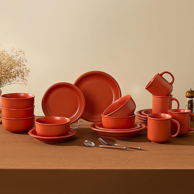Timeworn Clay Dinnerware Set 12 Pieces Stoneware Sets for 4 Hand-Finished Glaze Farmhouse Plates and Bowls Microwave and Dishwasher Safe Terracotta Red