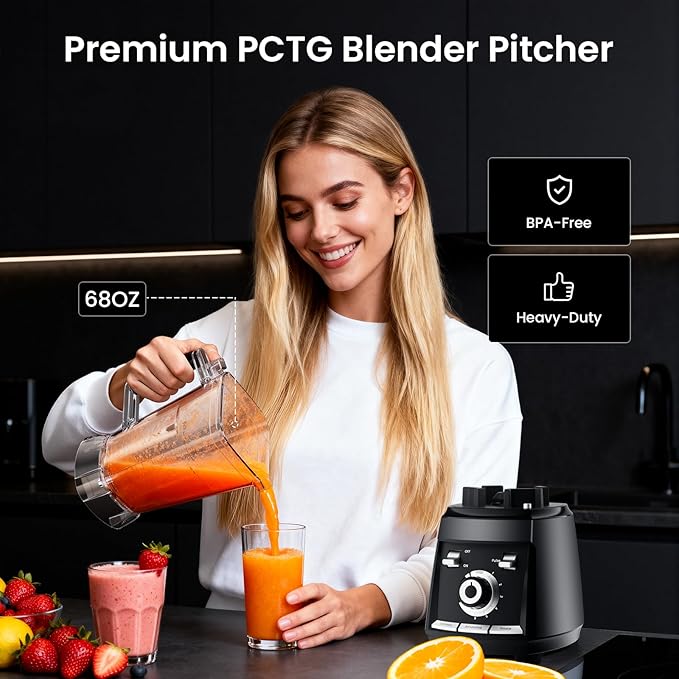 1800 WP Smoothie Blenders for Kitchen 30000 RPM Large Blender for Smoothies Ice Crushing &amp Frozen Fruit Heavy Duty Grinder with 68oz BPA-Free Pitcher Adjustment Speed Knob Black