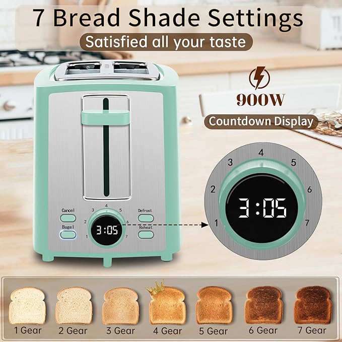 SEEDEEM Toaster 2 Slice Bread Toaster with LCD Display 7 Shade Settings 1.４'' Variable Extra Wide Slots Toaster with Cancel Bagel Defrost Reheat Functions Removable Crumb Tray 900W Azure Blue