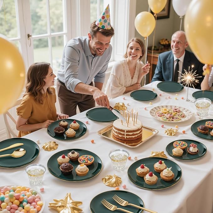 bUCLA 150PCS Green Plastic Plates - Green and Gold Disposable Include 25 Each (Dinner &amp Dessert) Plates 25 Knives 25 Forks 25 Spoons and 25 Cups Ideal for Party&ampChristmas