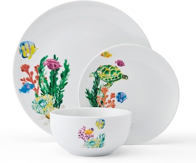 Studio Nova Coastal Ocean Underwater Life 12 Piece Dinnerware Plate Bowl Set Service for 4