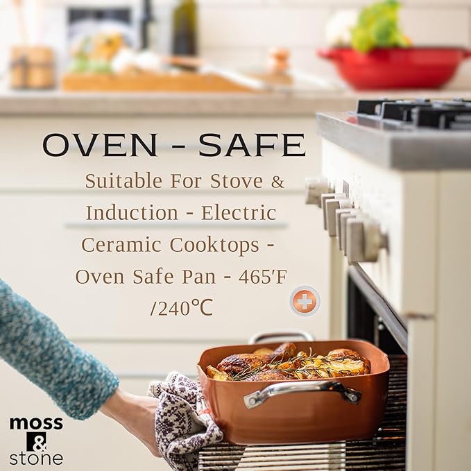 Moss &amp Stone 7 Pcs Copper Chef Cookware Non Stick Deep Frying Pan 9.5 x 3.5 Fry Basket Dishwasher &amp Oven Safe 5 Qt Deep Square Pot Non Stick Pan &amp Round Pot Induction Copper Cookwar