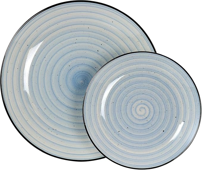 24-Piece Stoneware Dinnerware Set – Round Two-Tone Hand-Painted Dishes with Swirl Design Service for 6 Microwave &amp Dishwasher Safe Tableware (Light Blue)