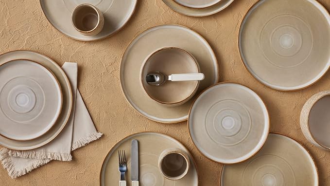 Stone by Mercer Project SHOSAI 16-Piece Stoneware Dinnerware Set Plates and Bowls Set Modern Dishware set fo 4 Sand