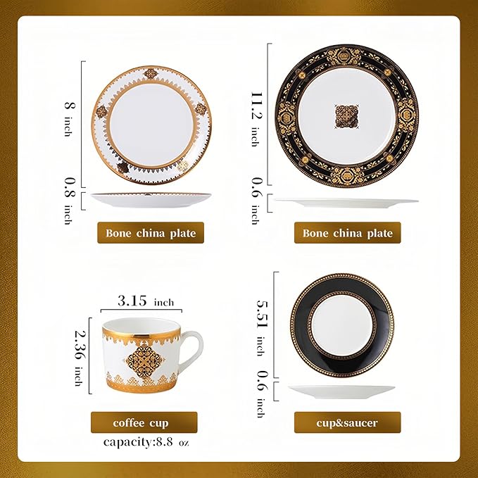 8-piece bone china dinnerware set for 2 gold plated pattern round dinner plates fine dish set for 6 with coffee cup for dinning dishwasher safe