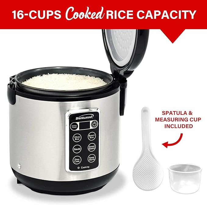 Brentwood 7-Function Smart Rice Multi-Cooker – Food Steamer Slow Cooker Sauté Keep Warm and 15hr Delay Timer with Spatula and Measuring Cup Stainless Steel (16 Cups Cooked / 8 Cups Uncooked)