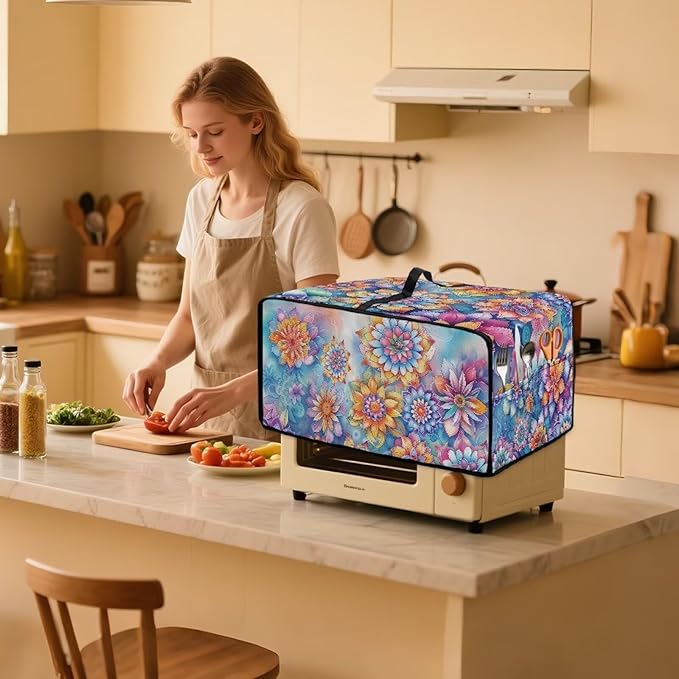 Heat-Resistant Toaster Oven Cover Faux Linen Polyester Appliances Dust Cover for Convection Toaster Oven Air Fryer with Top Handle Side Pockets Mandala Flower