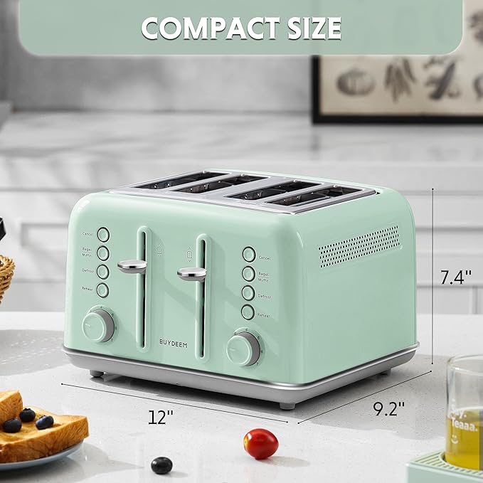 BUYDEEM DT640 Retro 4 Slice Toaster 7 Shade Settings Extra Wide 1.5'' Slots Stainless Steel Toaster with Bagel Muffin Defrost Reheat Function Green