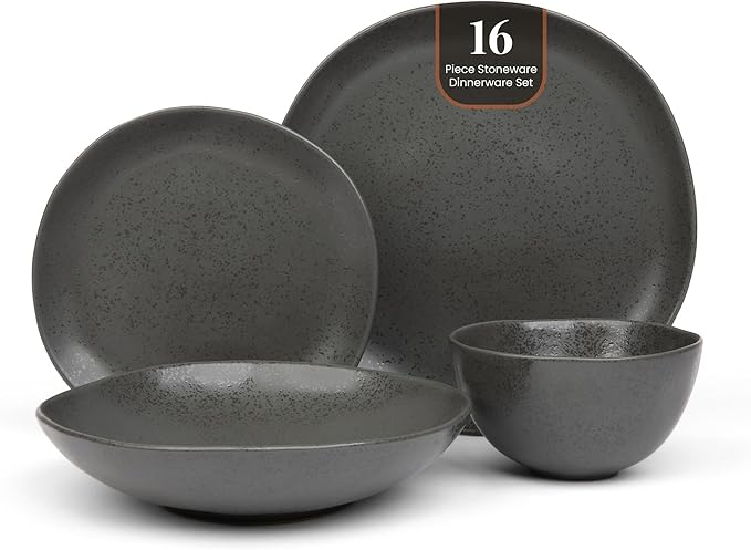 Trasa Home by Larder &amp Vine Eco-Friendly High Fired Artisan Stoneware Organic &amp Modern Dinnerware 16 piece set 4 place settings (Charcoal)
