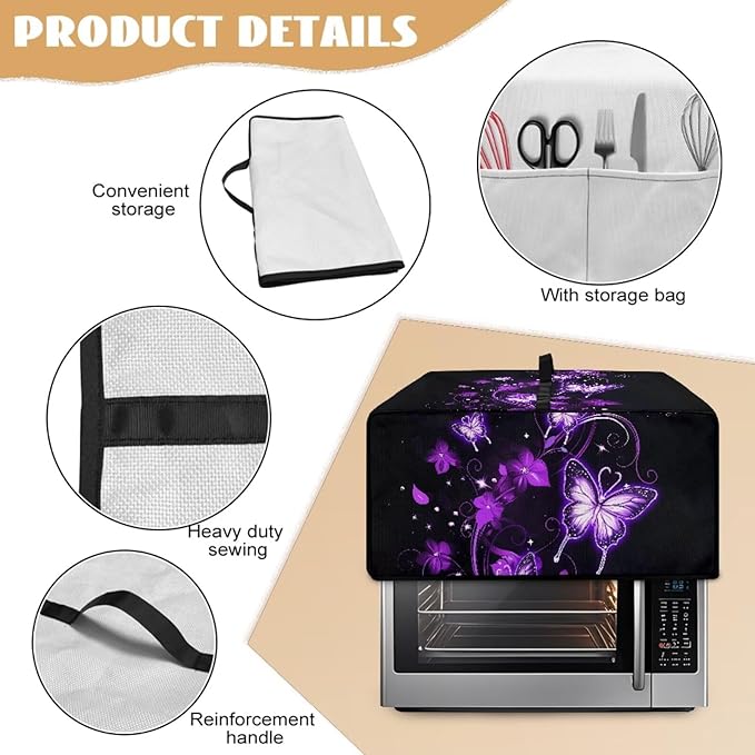 Butterfly Print Toaster Oven Air Fryer Cover for Kitchen Counter Decorative Wide Slot Toaster Cover Dustproof Washable Kitchen Small Appliance Covers Black and Purple