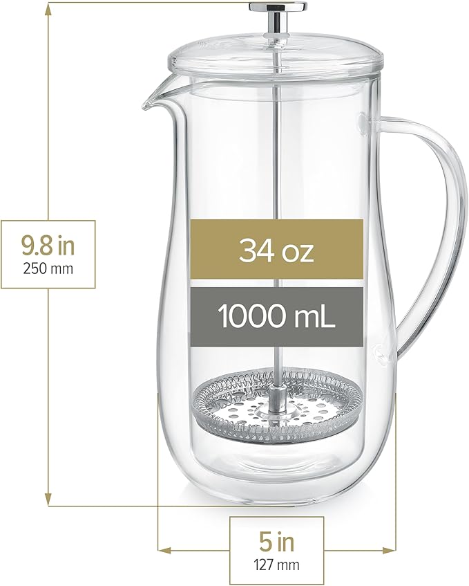 Teabloom Insulated Double-Walled Glass French Press – 100% Plastic-Free Tea &amp Coffee Press for Pure Rich Flavor | 34 oz Precision Brewer | Connoisseur's Choice