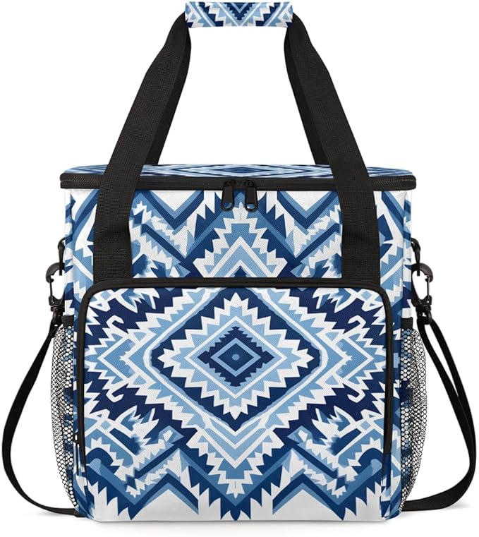 Boho Aztec Coffee Maker Carrying Bag Blue Stripe Travel Storage Bag Compatible with K-Mini or K-Mini Plus Single Serve Coffee Brewer Carrying Case with Multiple Pockets &amp Shoulder Strap