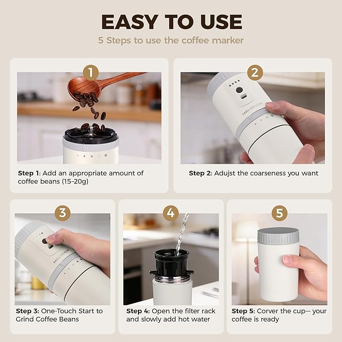 HAUSHOF Portable Coffee Maker Camping Coffee Makers Travel Mini Coffee Maker Portable Travel Coffee Maker with Grinder Personal Cordless Travel Coffee Maker for Car Camping and Home