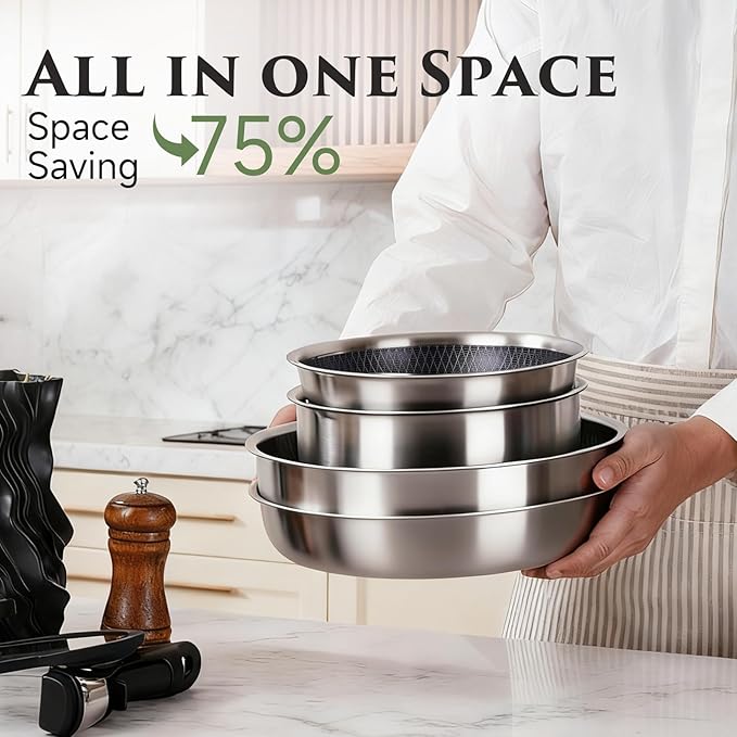 JEETEE Hybrid Tri-Ply Stainless Steel Cookware Set 18pcs Pots and Pans Set Non Stick with Detachable Handles Induction Cookware Set Kitchen Cooking Sets RV/Camping Cookware Dishwasher &amp Oven S