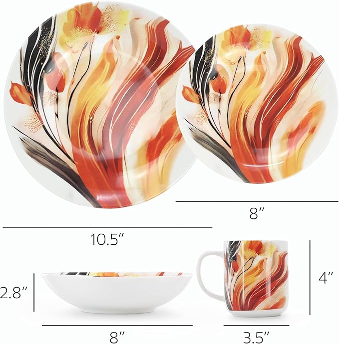 16‑Piece Porcelain Dinnerware Set with Floral Design – Round Plates Bowls and Mugs Microwave &amp Dishwasher Safe Tableware for 4 (Multi Color)