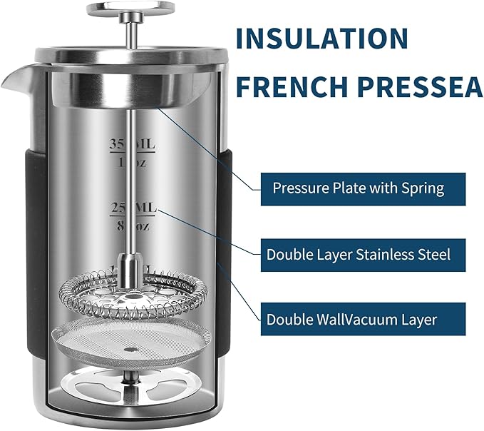 MERMOO YILAN Handleless French Press Coffee Maker - 12 oz Stainless Steel Insulated 3-in-1 Press for Coffee Tea &amp Milk Frother with Detachable Silicone Sleeve | Space Saving Design