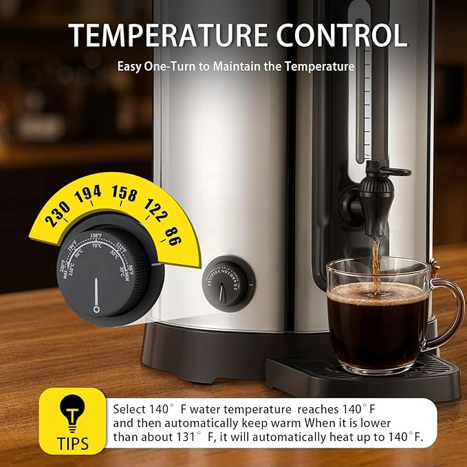 50-Cup Commercial Coffee Urn Double-Wall Stainless Steel Coffee Maker with Adjustable Temperature Control &amp Keep Warm 10L Large Coffee Pot for Catering Events and Offices