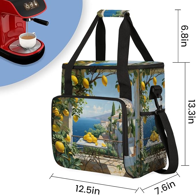 Sea House Lemon Coffee Maker Travel Bag for Keurig K-Mini/K-Mini Plus Insulated Waterproof Tote with Pockets for K-Cup Portable Single-Serve Brewer Case