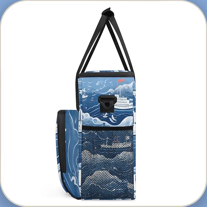 Ocean Ship Print Coffee Maker Travel Bag for Keurig K-Mini/K-Mini Plus Insulated Waterproof Tote with Pockets for K-Cup Portable Single-Serve Brewer Case