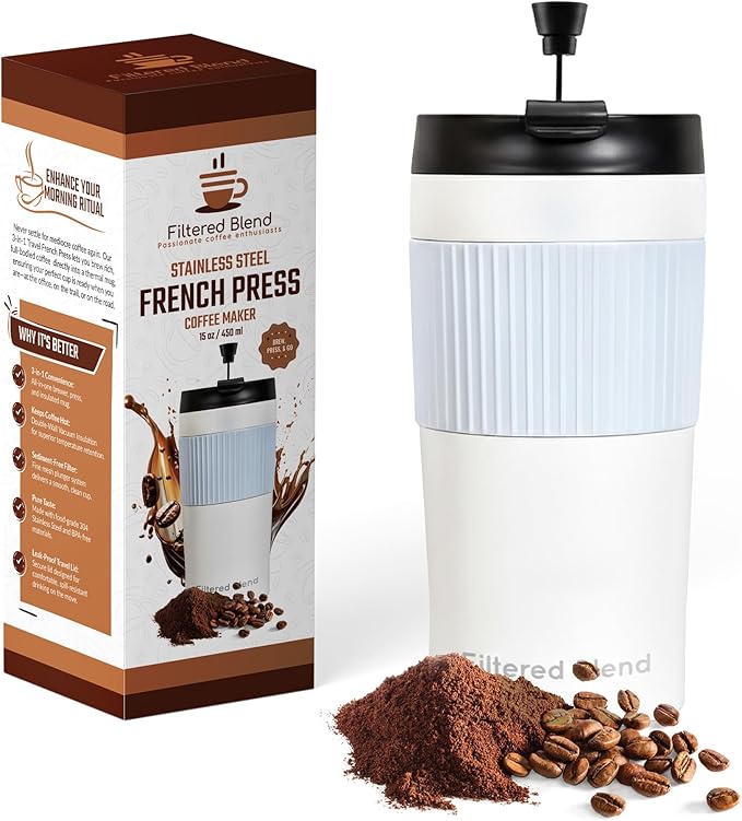 15oz Double Wall Stainless Steel Insulated French Press Coffee and Tea Maker - Portable Camping Tea Coffee Mug and Tumbler (White)
