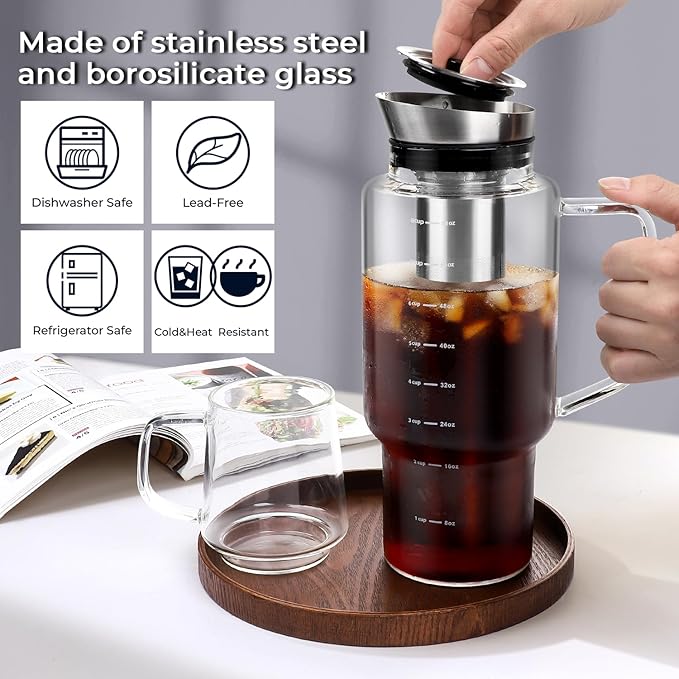 Aquach 68oz Cold Brew Coffee Tea Maker Glass Pitcher &amp Stainless Steel Filter Dishwasher Safe Iced Coffee Tea Maker with Airtight Lid and Large Handle