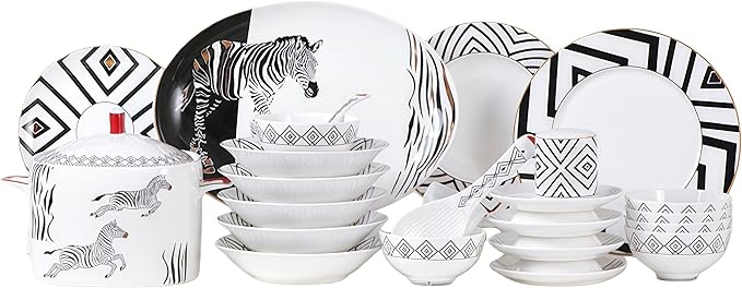 Fine Bone China Dinnerware SetPorcelain&ampCeramic Dinnerware SetsBone Stoneware &amp Ceramic Cookware Tableware Set Includes Dinner Plates|Spoons|Pasta Bowls|Soup Pot|Chopsticks (29PCS * 6-Person
